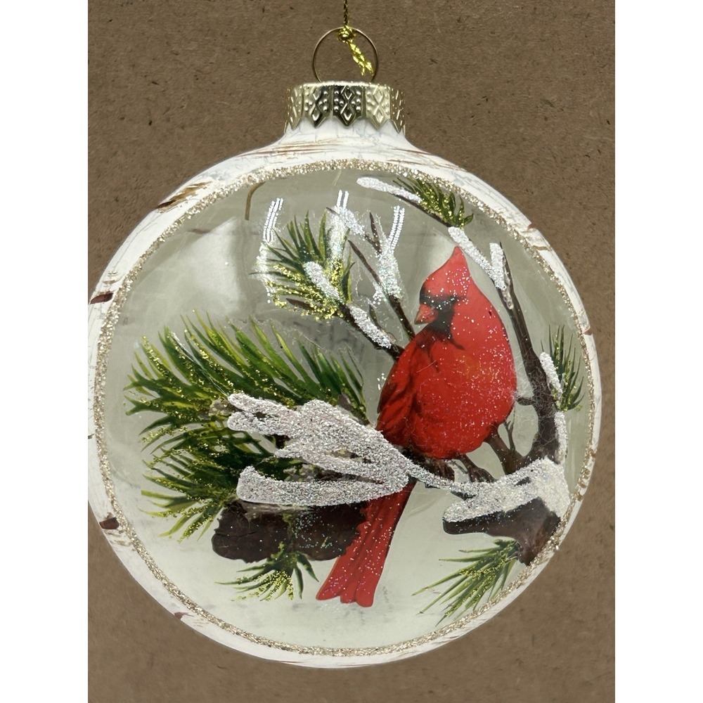 VINTAGE JUMBO RED CARDINAL BIRD FOREST SCENE CHRISTMAS ORNAMENT